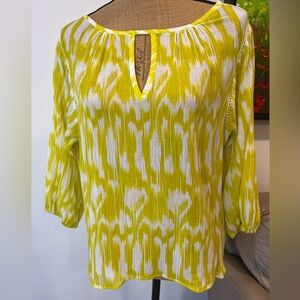 Trina Turk Relaxed Fit Abstract Print Silk Blend Top Yellow White Size Medium